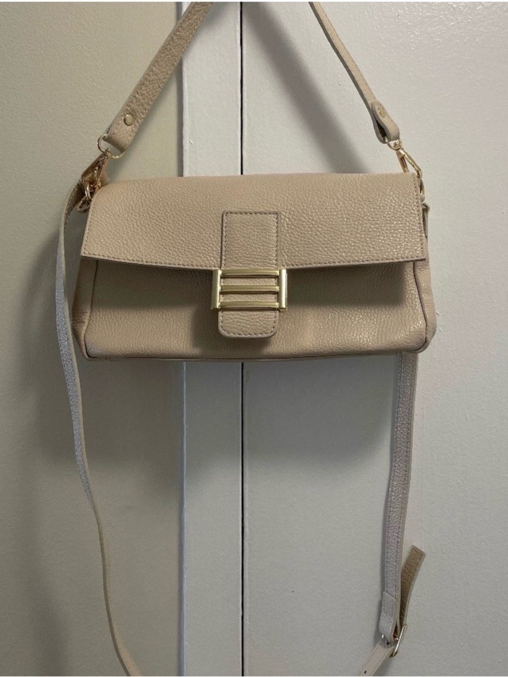 Neutral Beige Leather Shoulder Bag with Gold Hardware